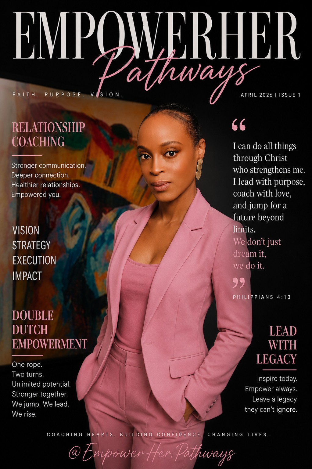 EmpowerHER Pathways magazine cover — Coach in pink suit
